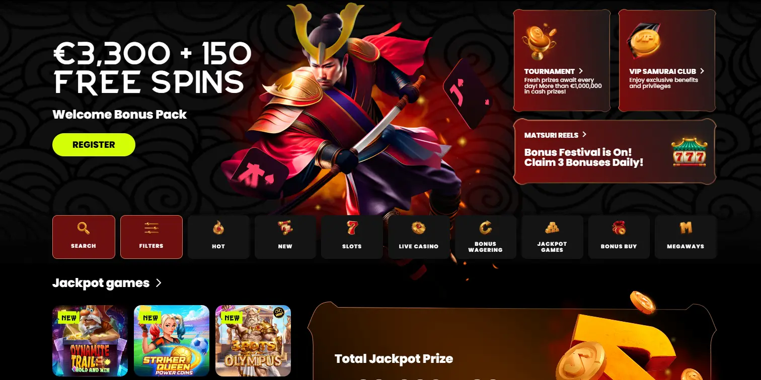 Spin Samurai homepage with €3,300 + 150 free spins bonus and samurai artwork.