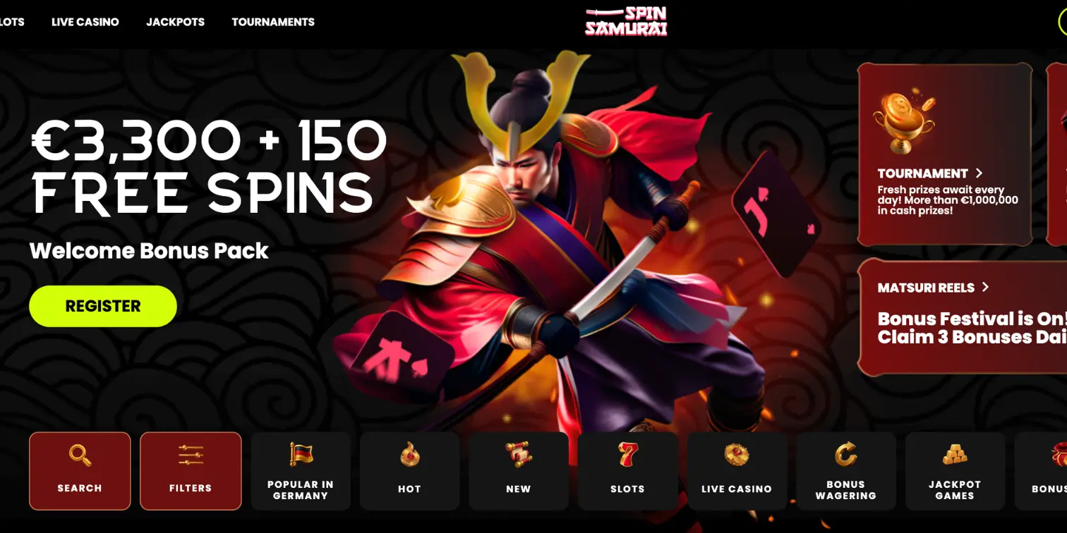 Spin Samurai Casino homepage banner featuring samurai warrior and welcome bonus offer