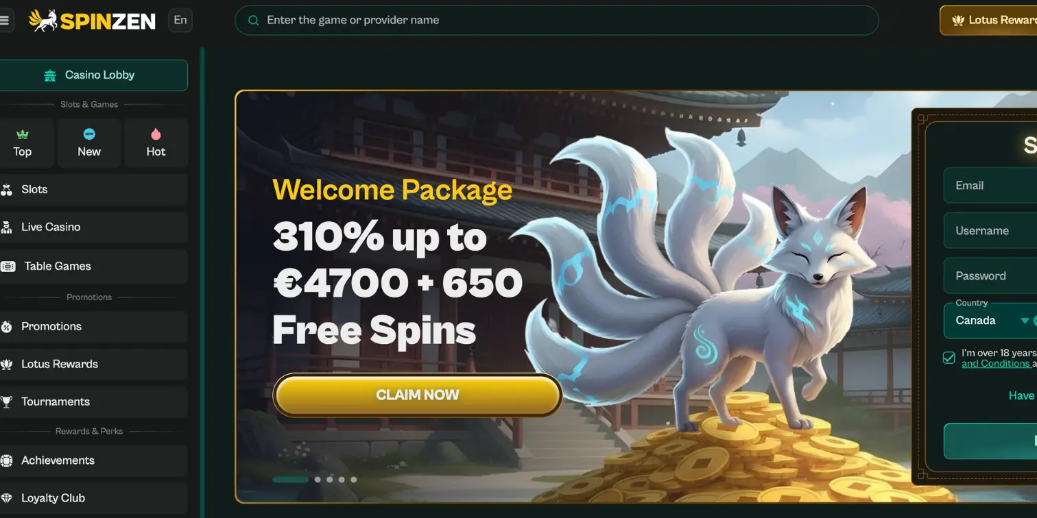 Spinzen Casino homepage welcome bonus offer with nine-tailed white fox and gold coins