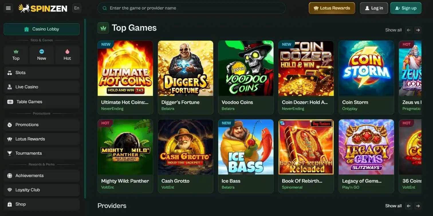 Spinzen casino banner showing the casino homepage and top game options for slot enthusiasts