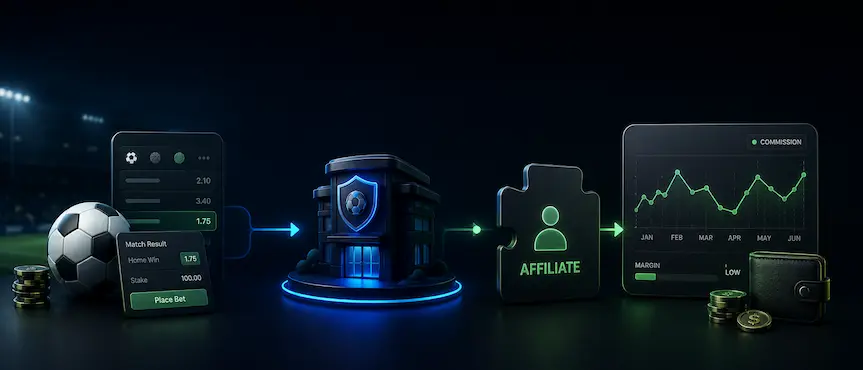 Sports betting flow from wager to operator, affiliate, commission chart, and payout.