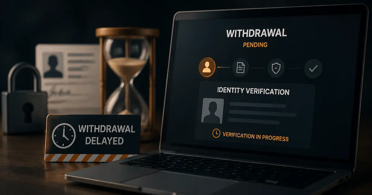 Laptop showing withdrawal pending with identity verification in progress and delay warning sign.