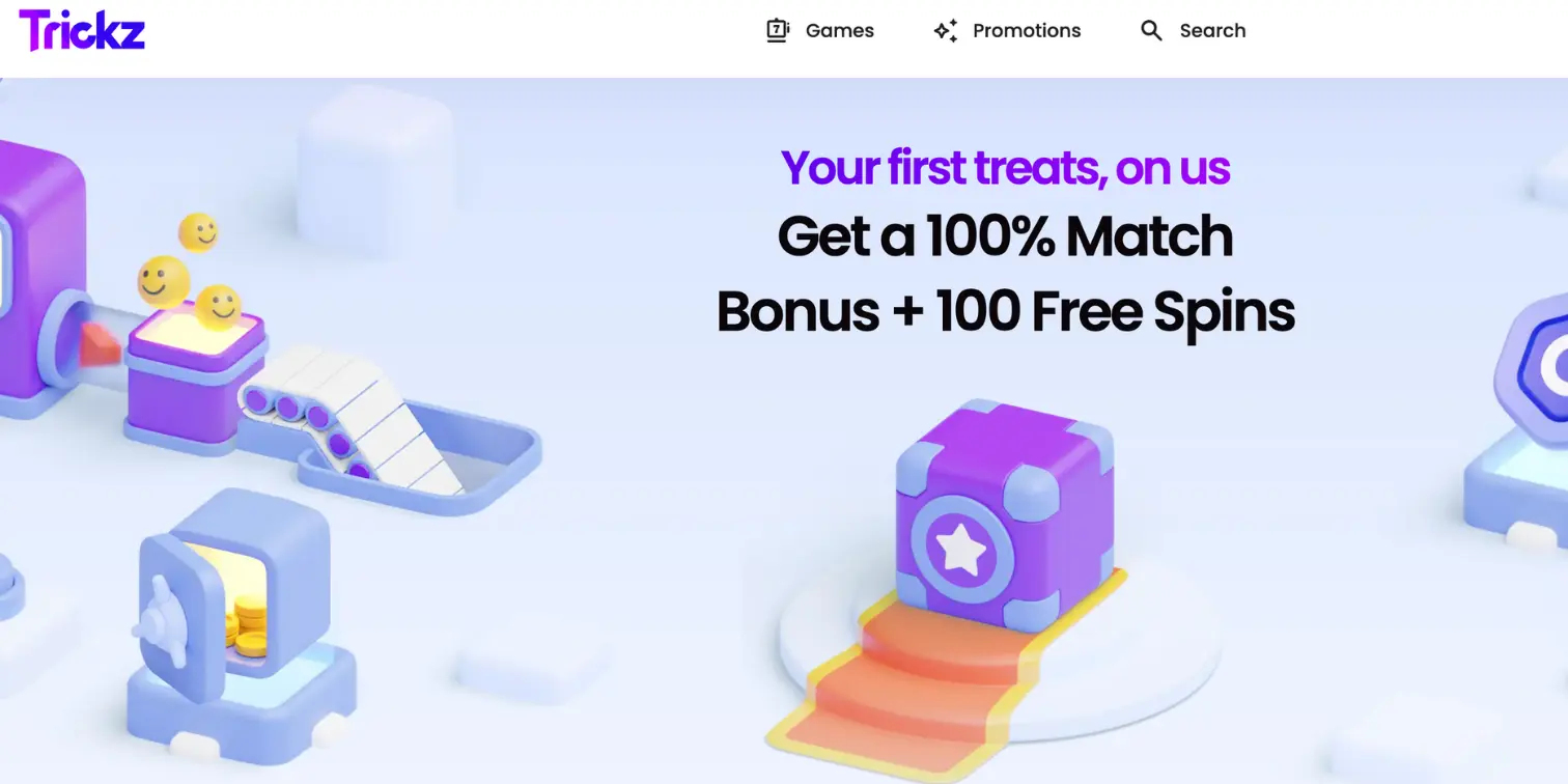 Trickz Casino homepage displaying 100% match bonus and free spins welcome offer