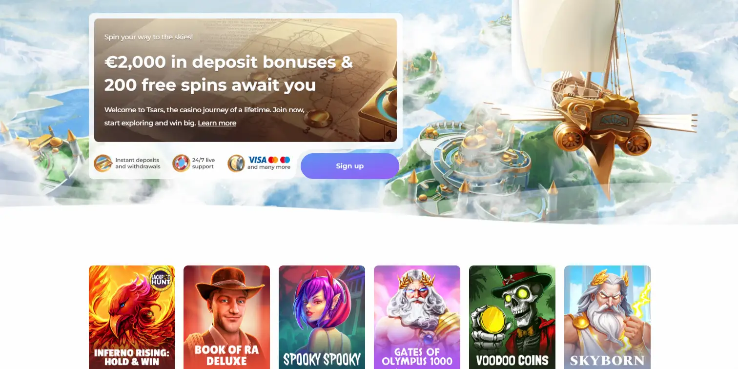 Tsars Casino homepage with €2,000 bonuses, 200 free spins, and fantasy skyship artwork.