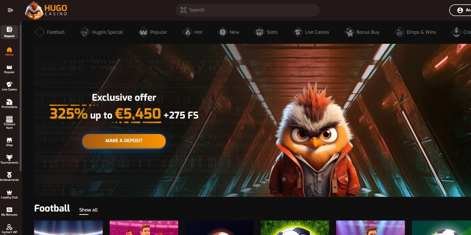 Hugo Casino exclusive welcome offer showing €5,450 and 275 free spins.