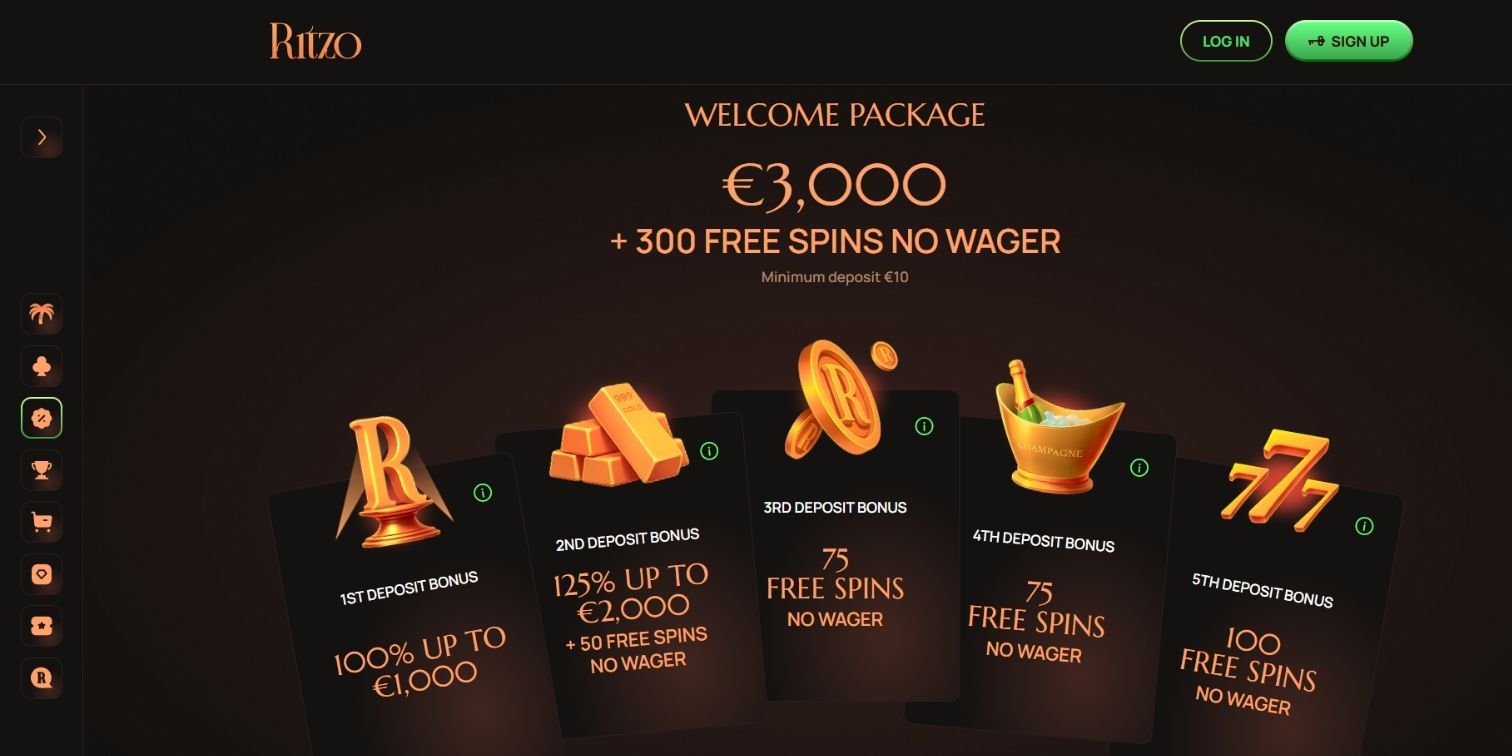 Ritzo Casino welcome package showing €3,000 and 300 no-wager free spins.