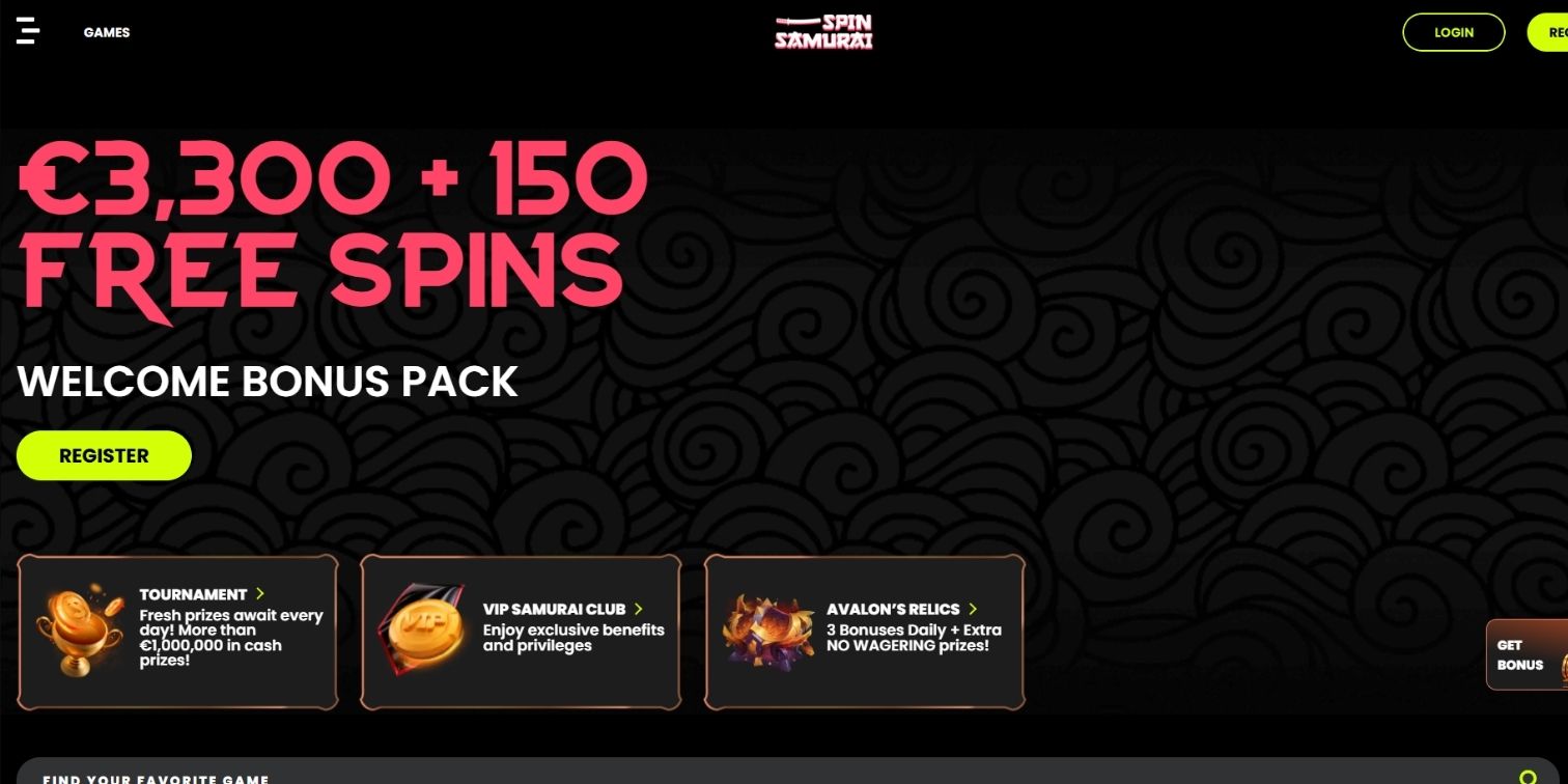 Spin Samurai welcome bonus banner showing €3,300 and 150 free spins.