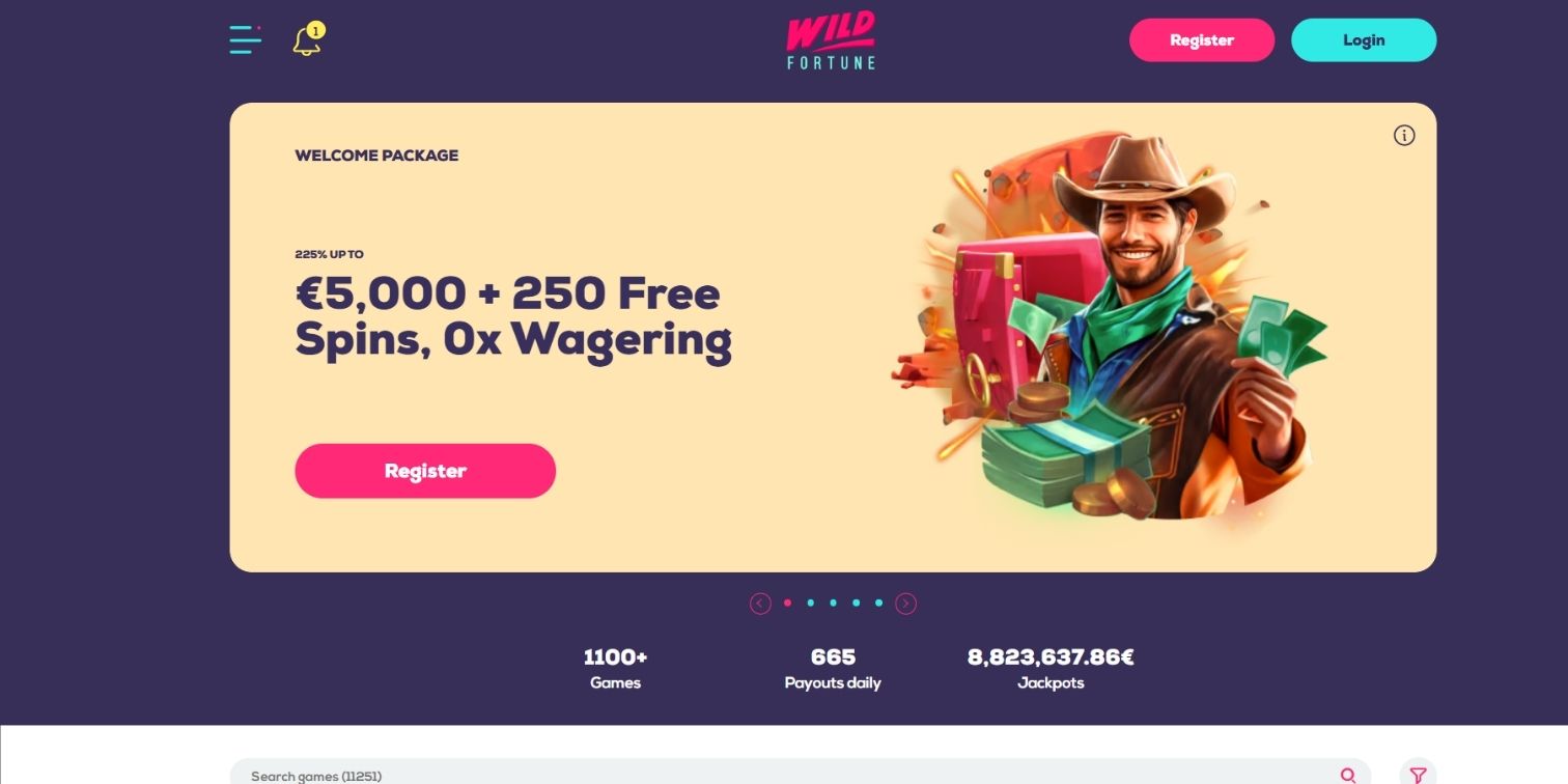 Wild Fortune welcome package banner showing €5,000 and 250 free spins.