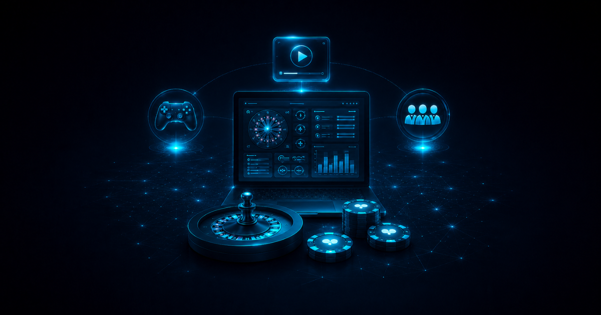 Futuristic online casino scene with gaming, video, and community icons in a neon blue style.