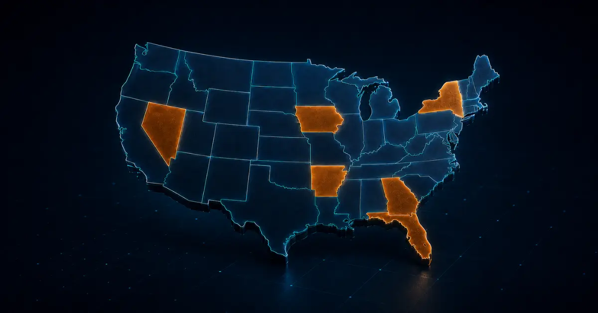 Centered US map with cyan and amber state highlights representing state-level scrutiny of sweepstakes casinos. 