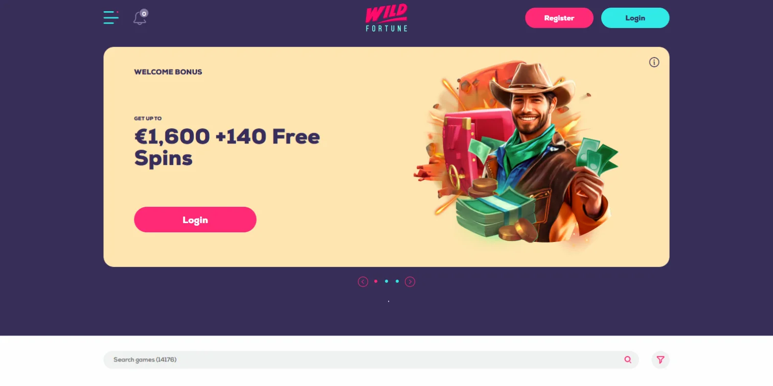 Wild Fortune homepage with €1,600 + 140 free spins welcome bonus and cowboy artwork.