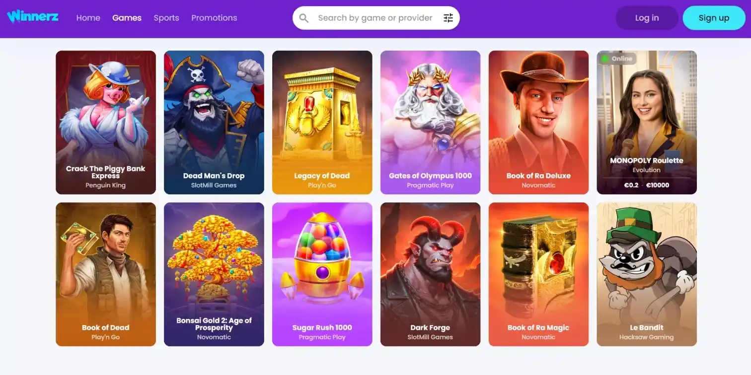 Winnerz casino banner showing the casino home page with the most popular slot game options
