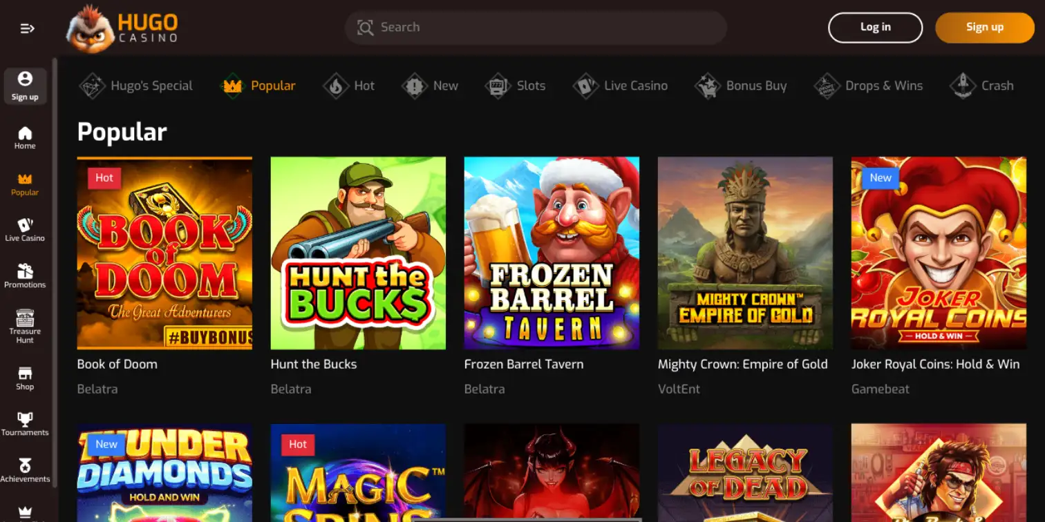 Hugo casino banner showing the casino games page and the most popular slot machine options