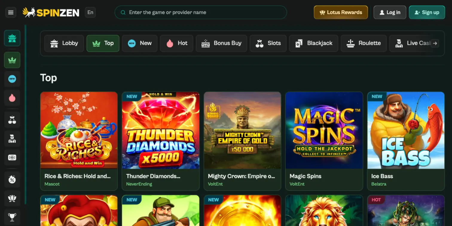 Spinzen Casino Overview Lobby with Top Games